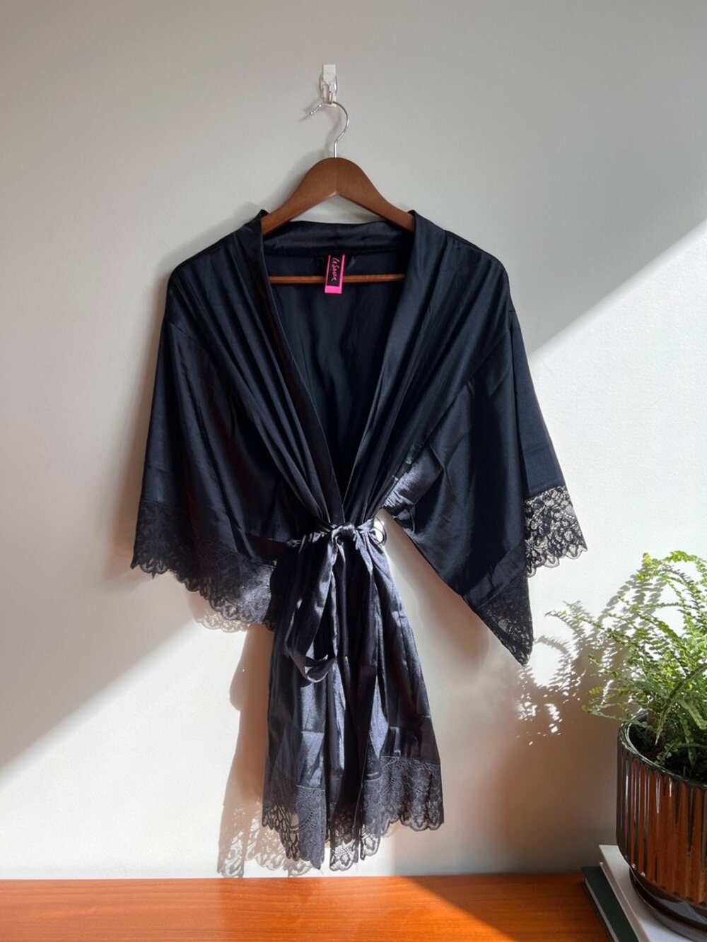 La Senza Black Satin Lace Kimono Robe | S/M | Tie Waist Lingerie Cover Up